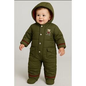 Bon Bébé 6‑9M Olive Red Hooded Snowsuit Bear Embroidered Bunting Winter Warm